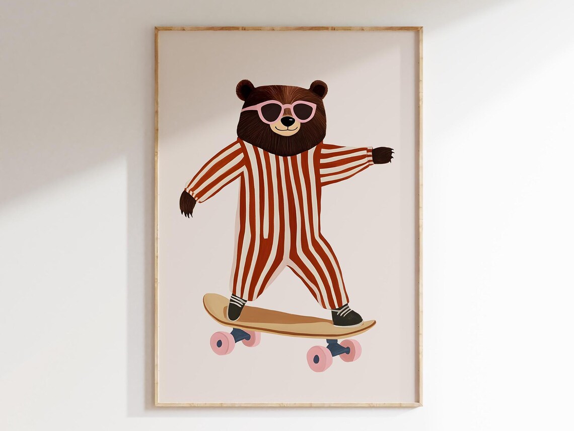 Skateboarding Bear Striped Suit Sunglasses Funny Animal Art Poster