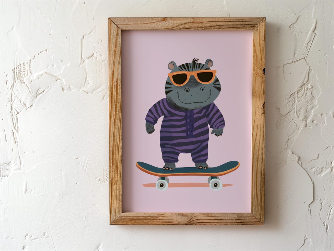 Happy Hippo in Orange Sunglasses Riding a Skateboard Nursery Poster - Image 3
