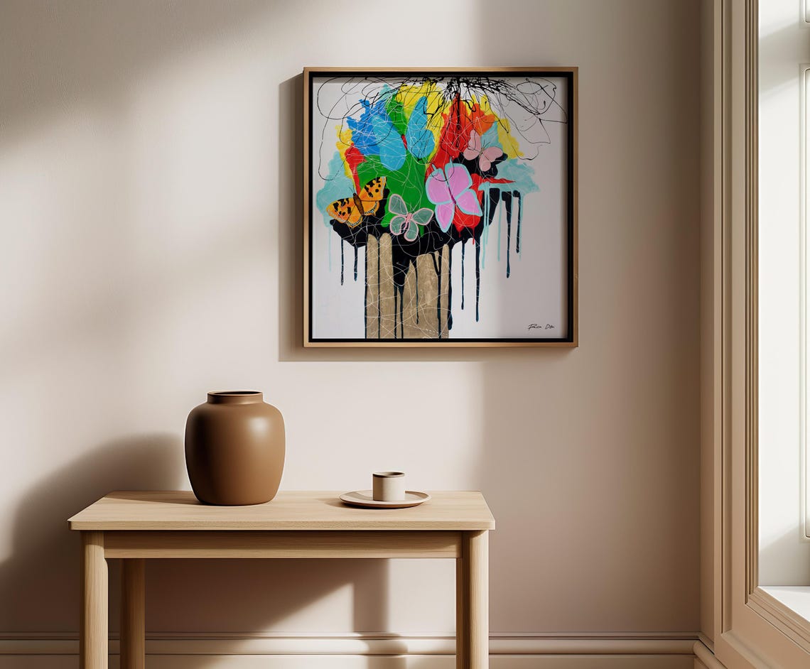 Colorful Butterflies Wall Art Large Square Apartment Decor Abstract Original Art Painting Paper Print Butterfly Painting Gold Leaf Art - Image 5