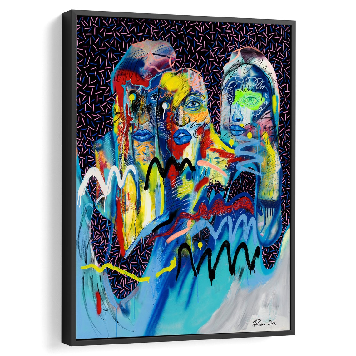 Three Colorful Pop Art Faces on Black Confetti Ground Poster - Image 3