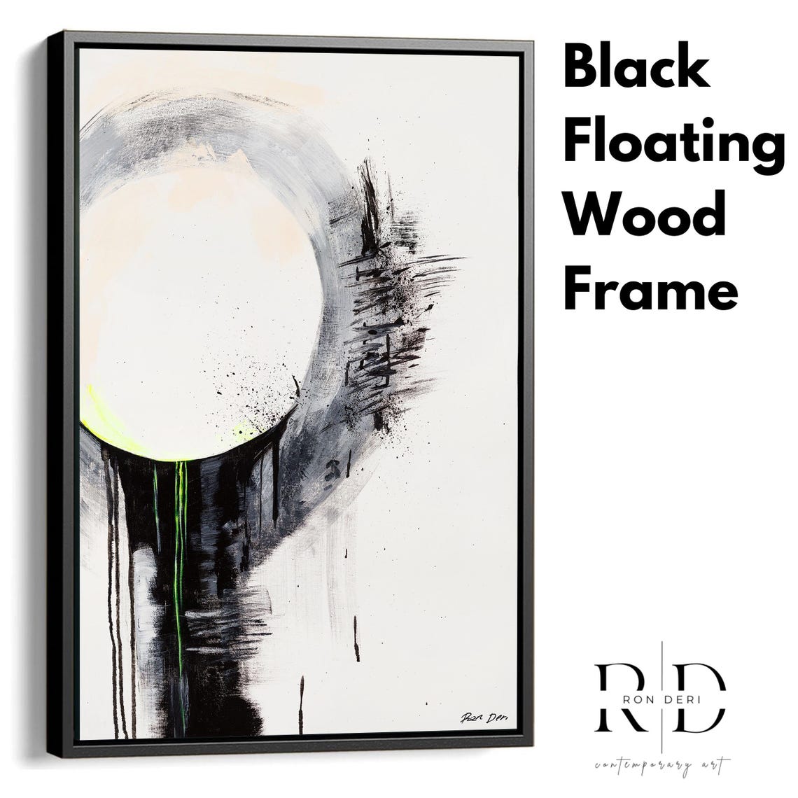 Monochrome Enso Circle Abstract Poster with Neon Yellow Accent - Image 3