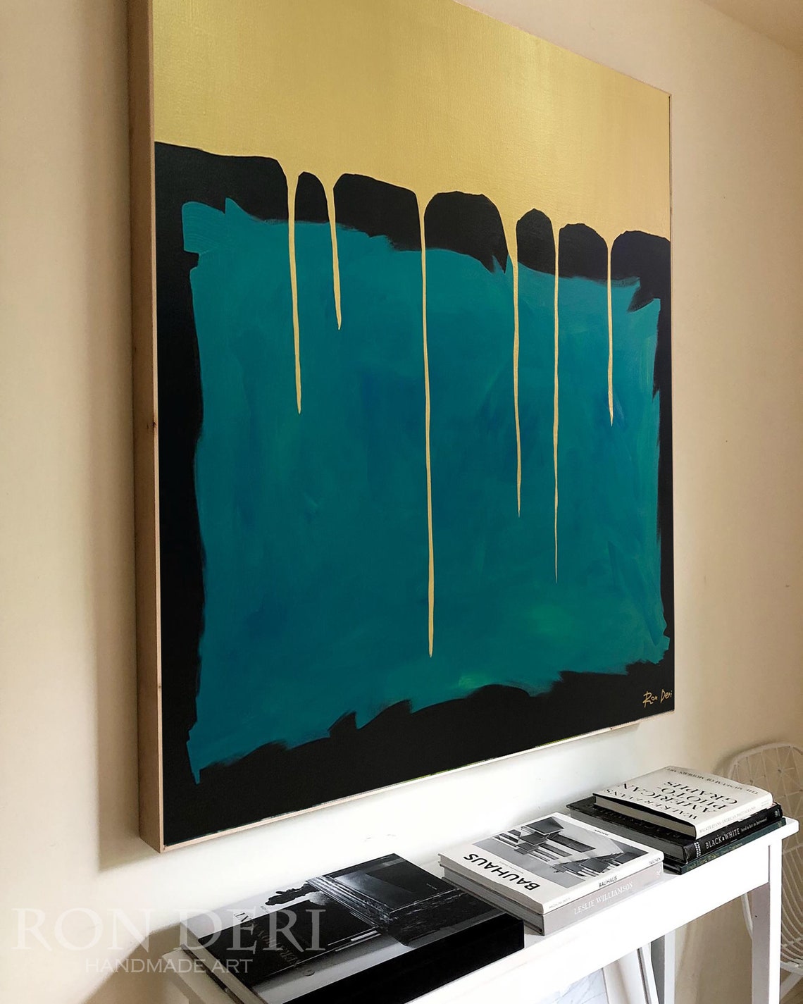 Golden Crown Drip Gold Paint Over Teal Minimalist Abstract Poster - Image 3