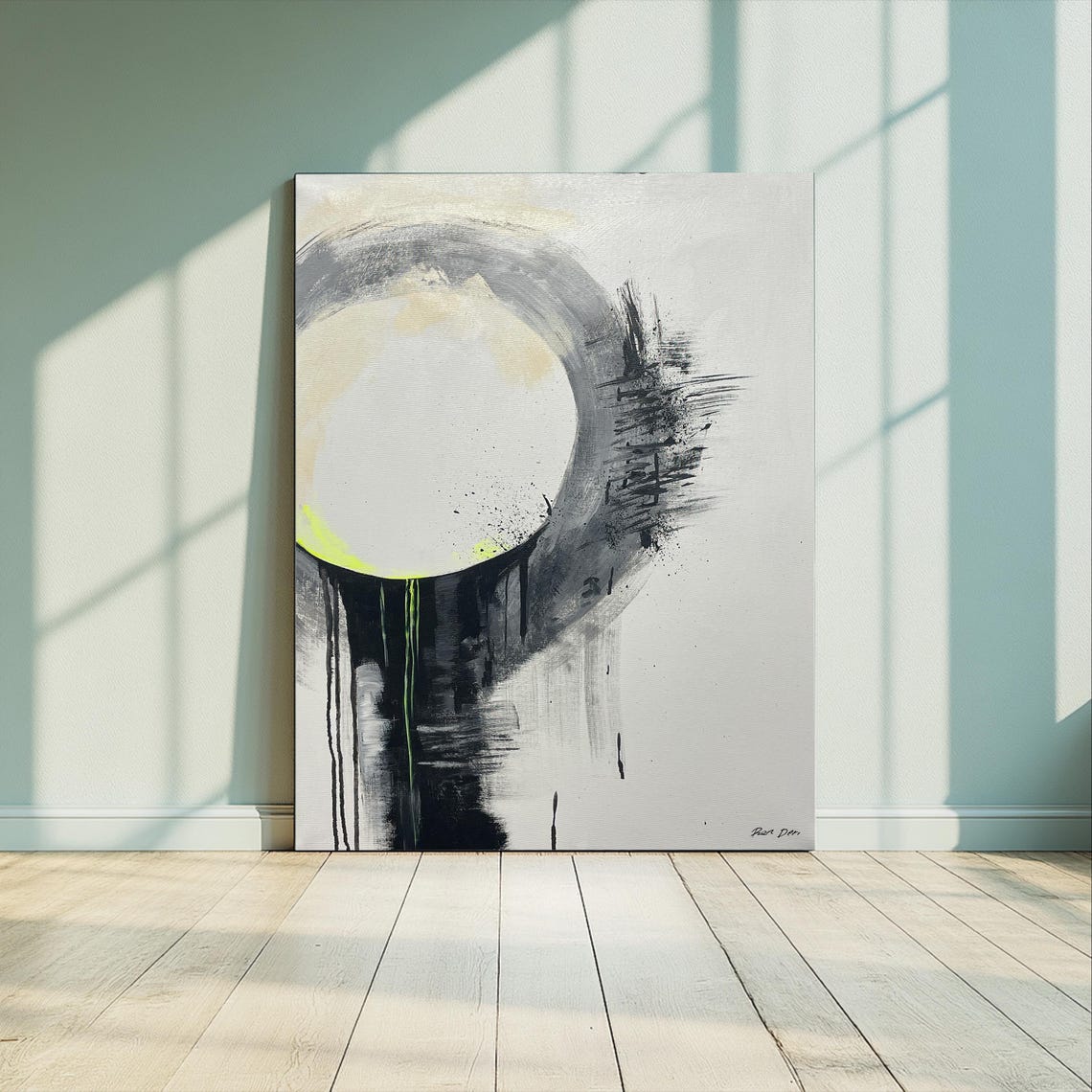 Black and White Enso Circle with Neon Yellow Accents Modern Poster - Image 2