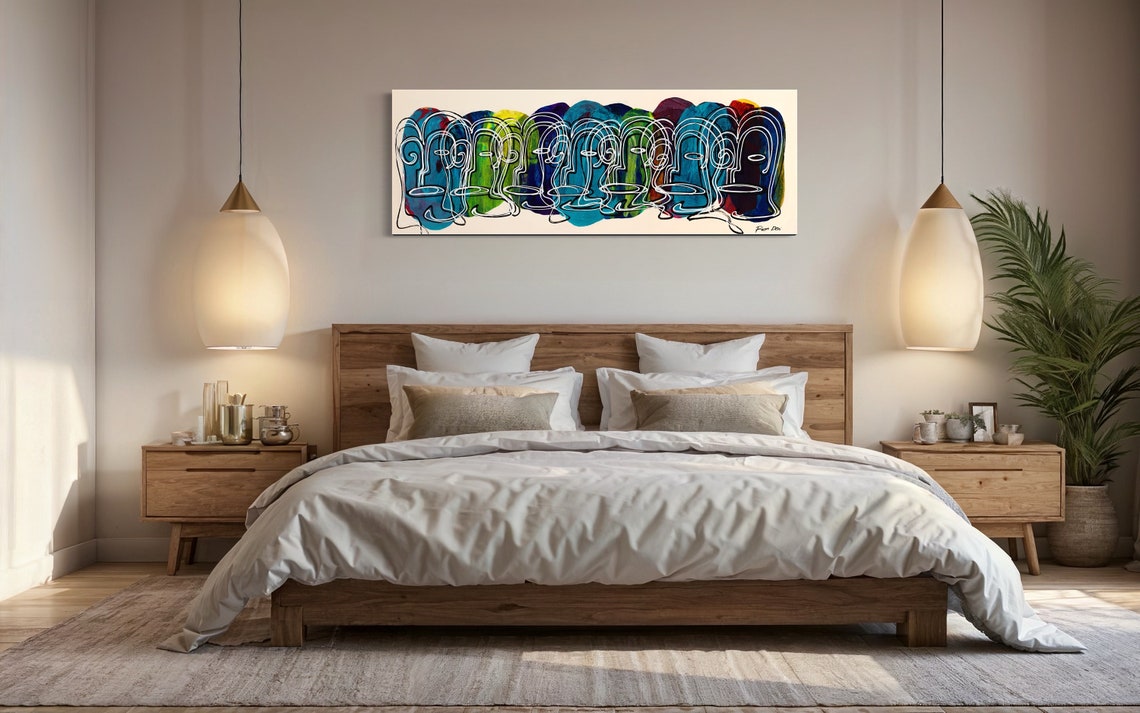 Crowd of Colorful Line Drawn Faces Extra Wide Abstract Poster - Image 3