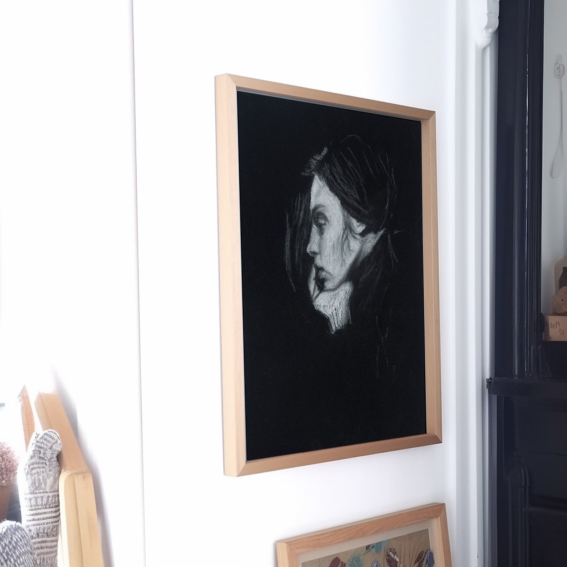 Wonder Charcoal Woman Profile on Deep Black Background Art Print - Image 4