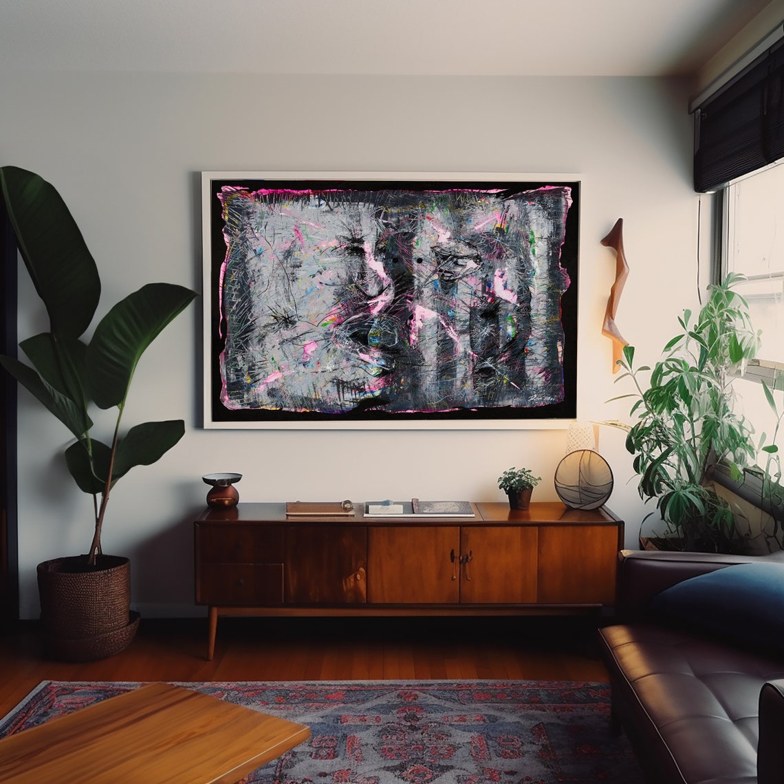Dark Charcoal Abstract with Pink Streaks Textured Modern Art Poster - Image 5