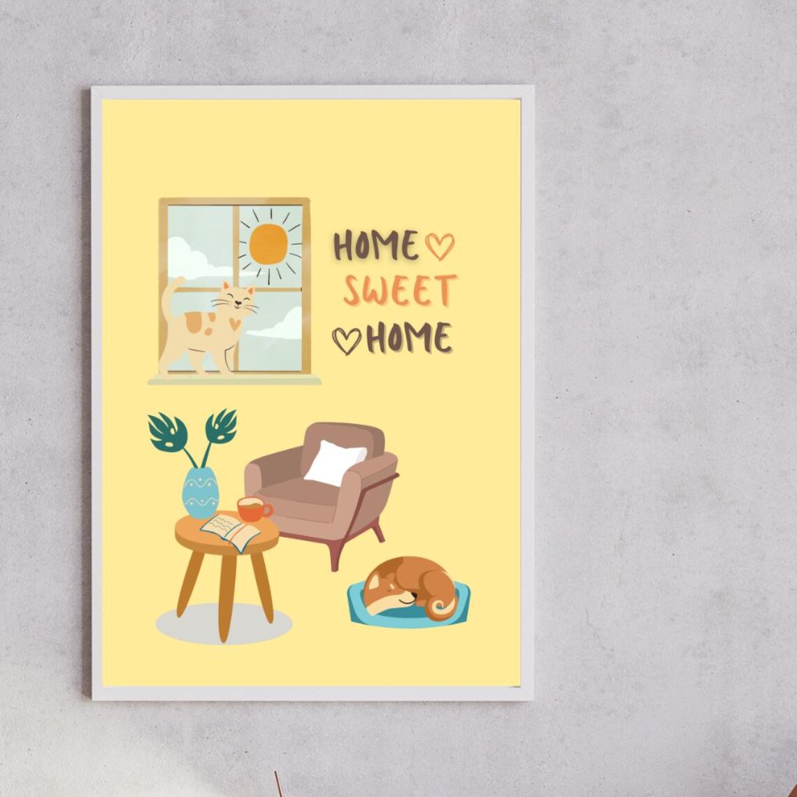 Home Sweet Home Cute Cat And Dog Cozy Living Room Wall Poster