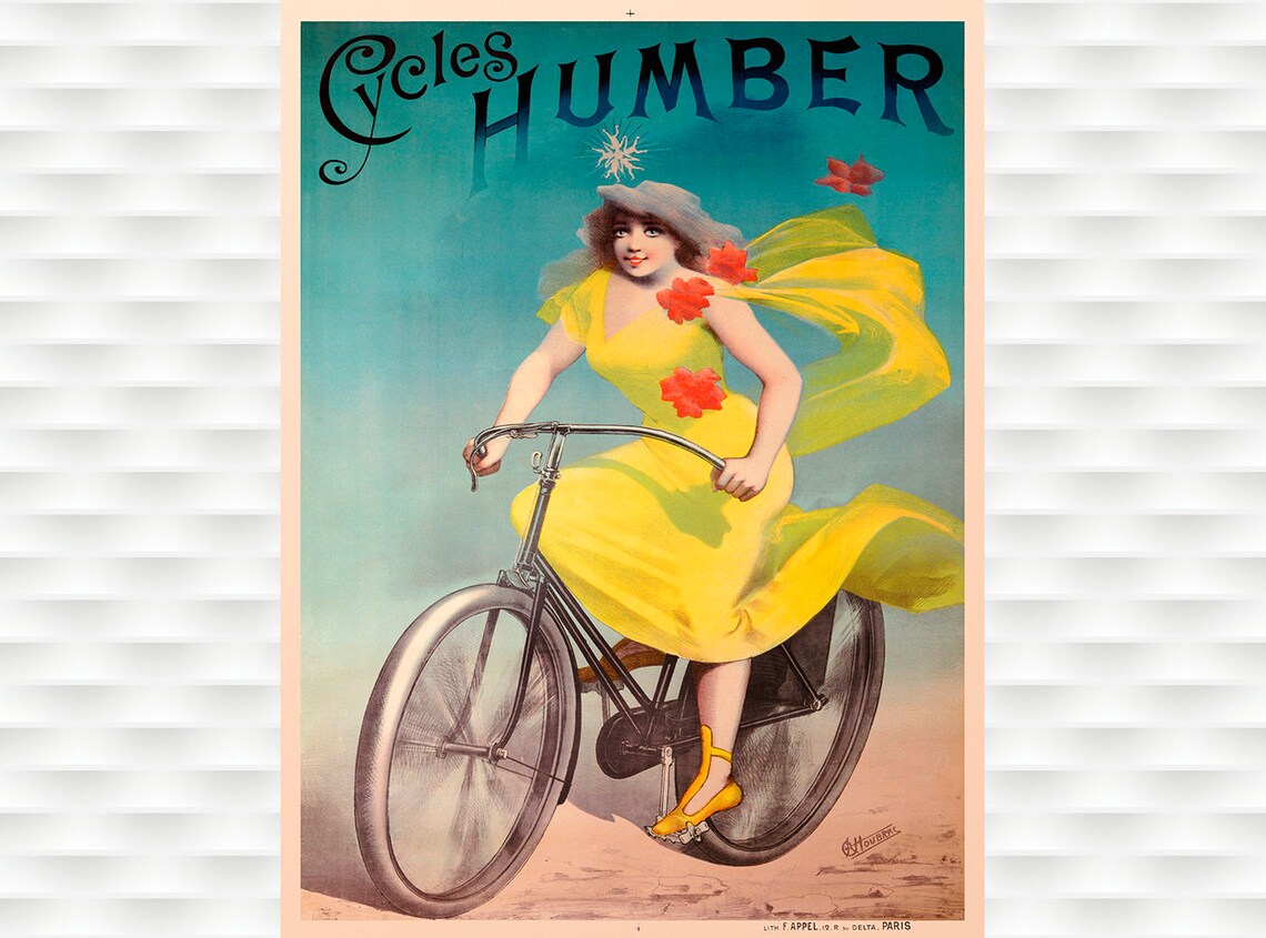 Cycles Humber Poppy Yellow Dress Lady Bicycle Vintage Poster