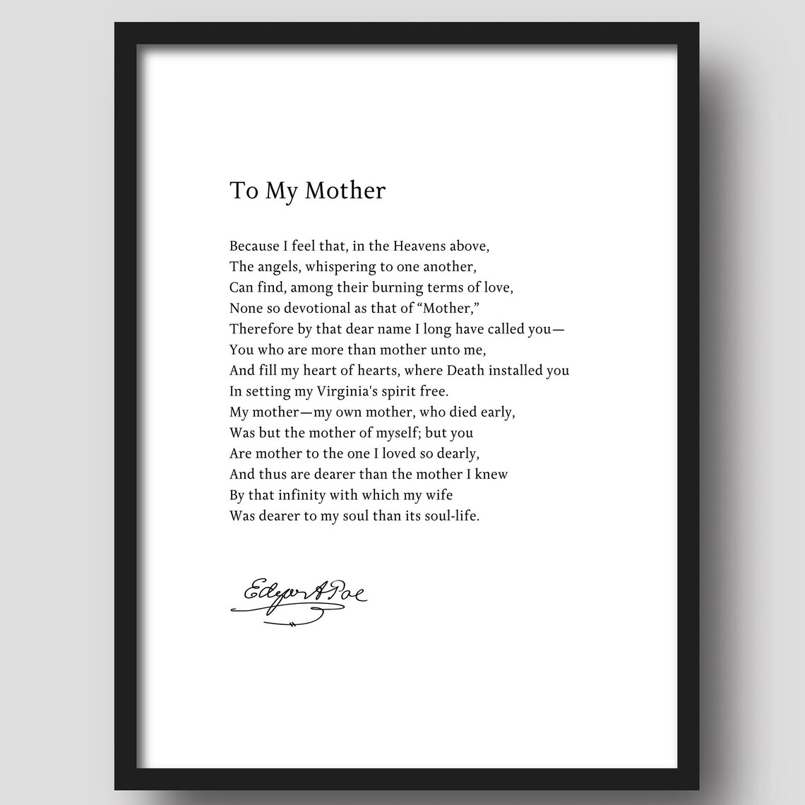 Edgar Allan Poe To My Mother Poem Minimalist Black White Quote Print