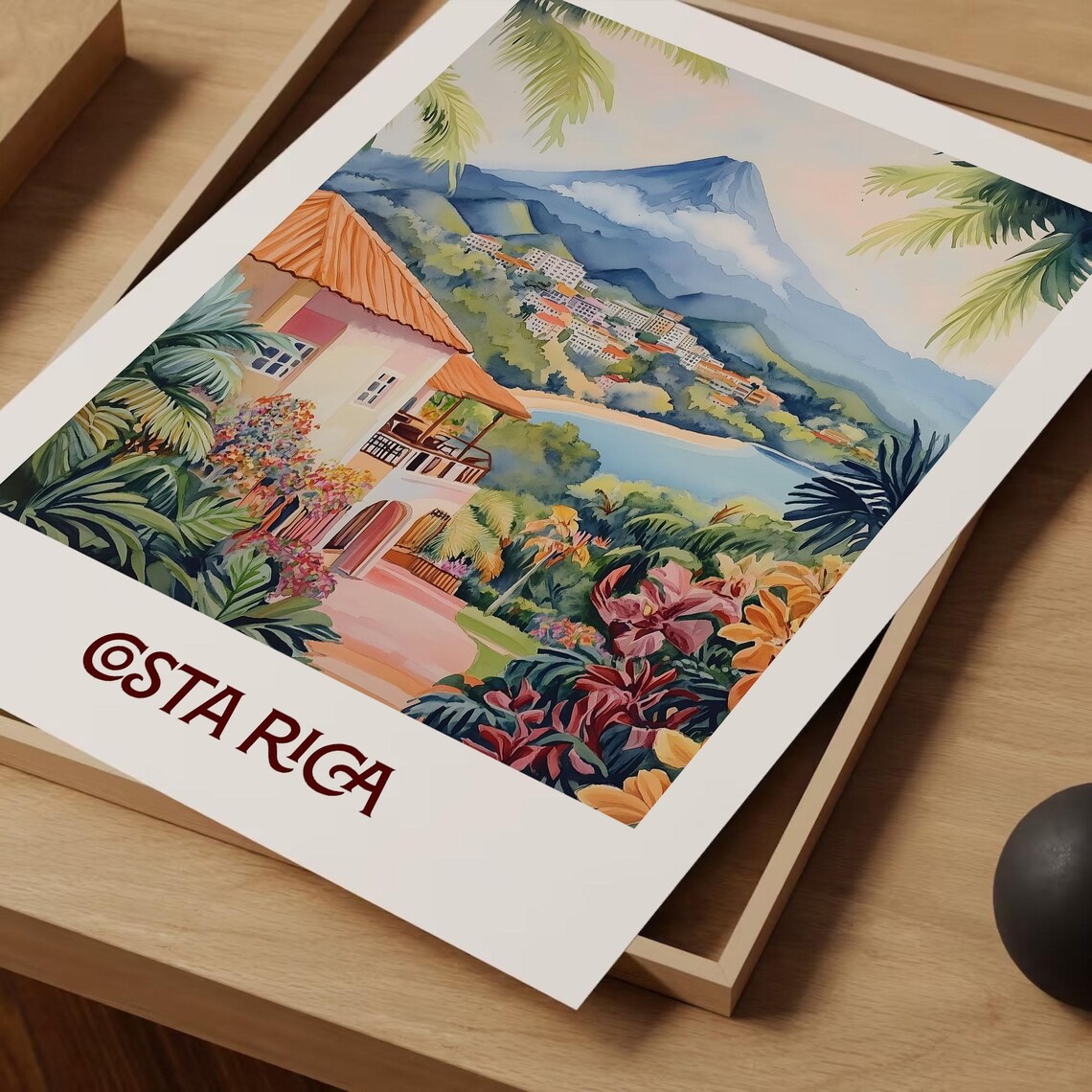Costa Rica Volcano Lake Town Watercolor Tropical Travel Poster - Image 2
