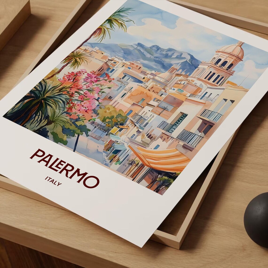 Palermo Italy Domed Street Palms Mountain Watercolor Travel Poster - Image 2