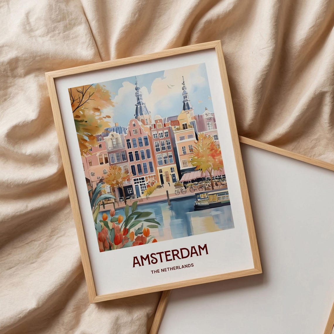 Amsterdam Canal Houses Tulips Bikes Netherlands Watercolor Poster - Image 3