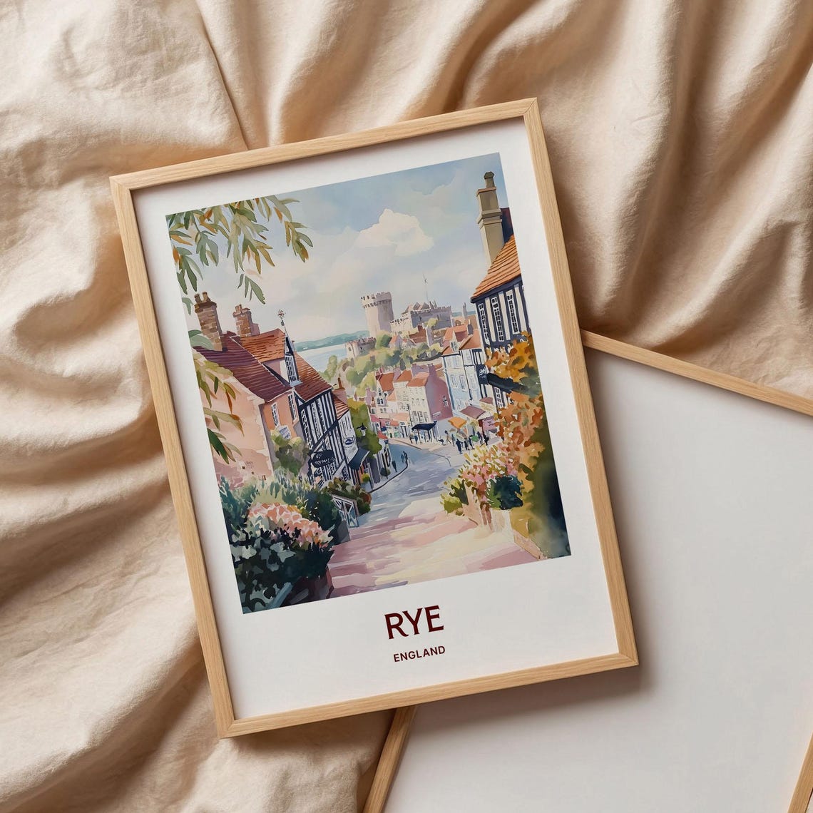 Rye England Historic Cobbled Street Watercolor Travel Poster - Image 3