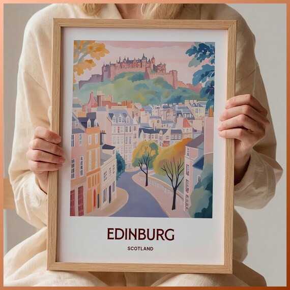 Edinburgh Scotland Castle Old Town Watercolor Travel Art Poster