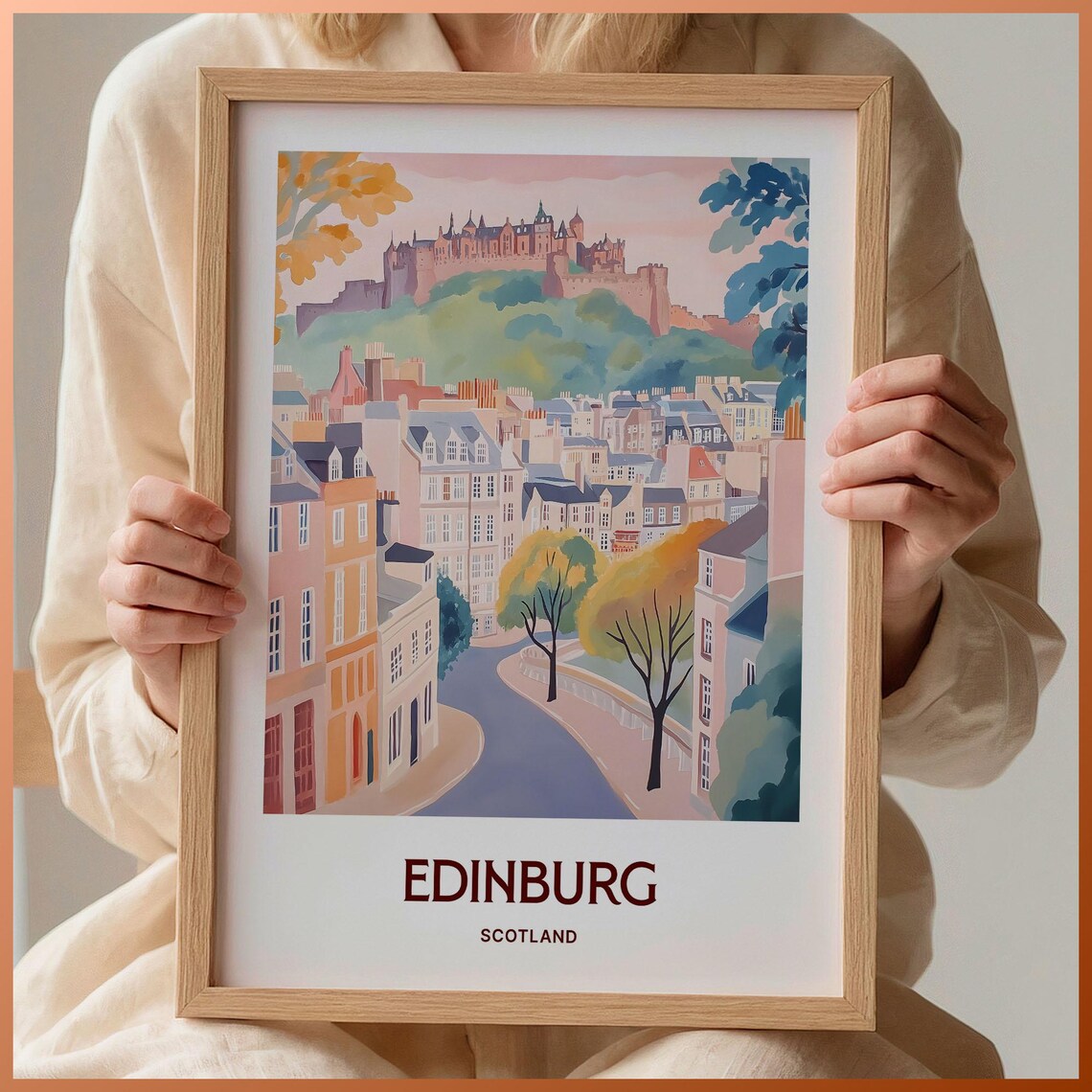 Edinburgh Scotland Castle Old Town Watercolor Travel Art Poster