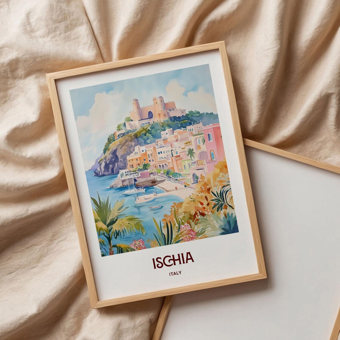 Ischia Italy Watercolor Aragonese Castle Cliff Harbor Pastel Town Poster - Image 3
