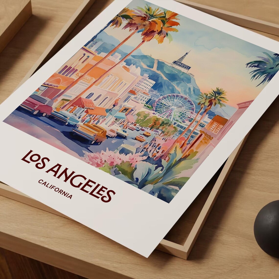 Los Angeles California Hollywood Hills Palm Tree Watercolor Travel Poster - Image 2