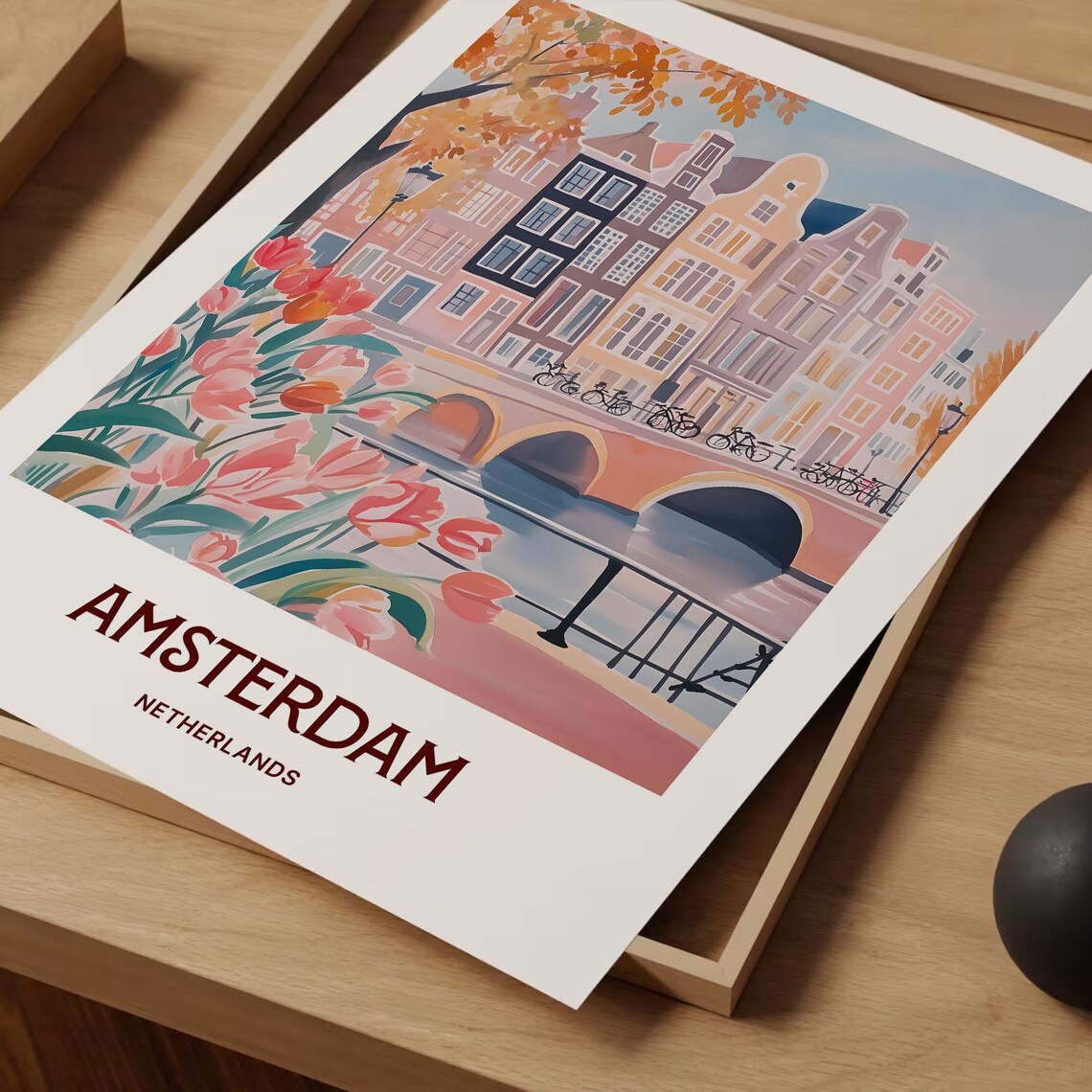 Amsterdam Netherlands Canal Tulips Bicycle Gabled Houses Travel Poster - Image 2