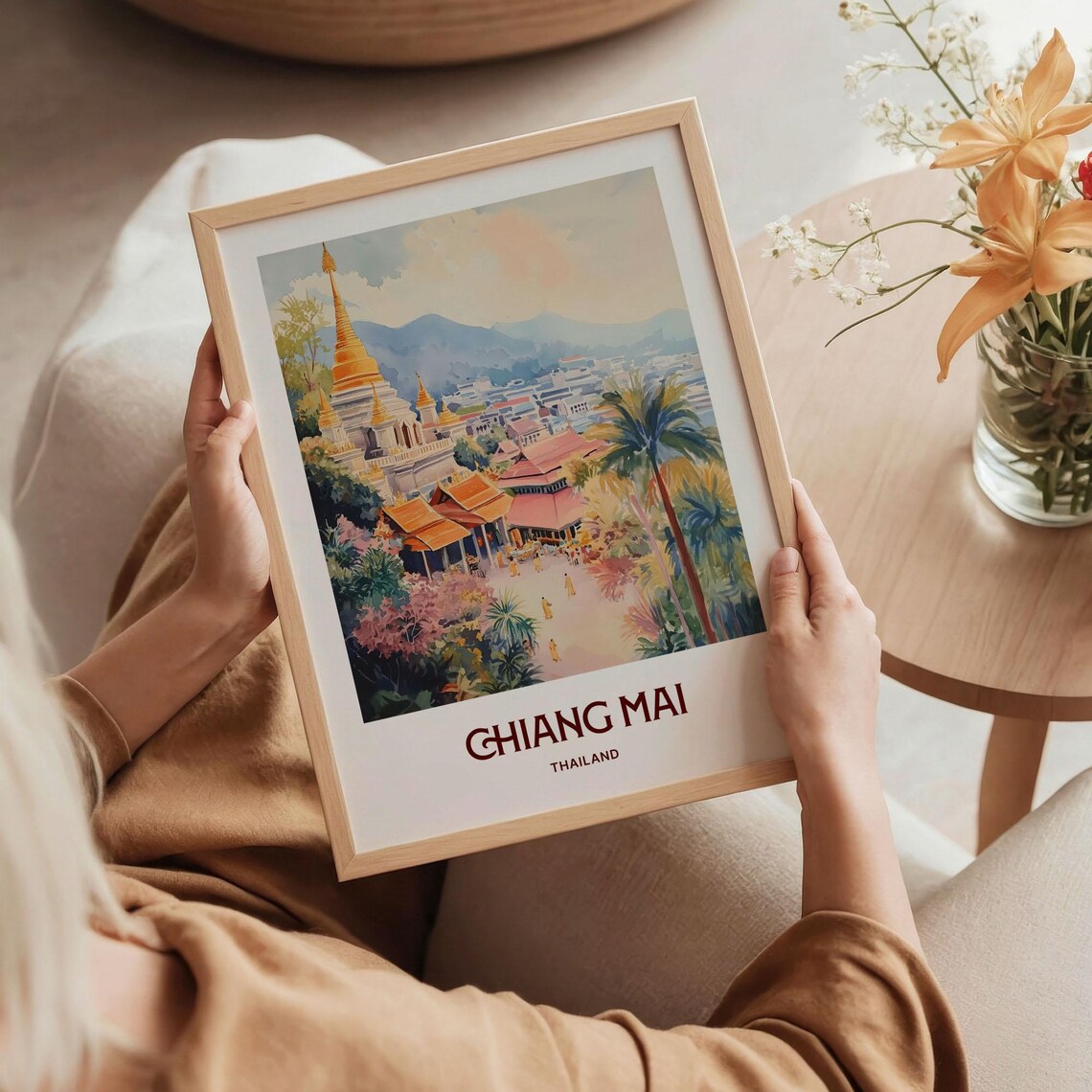 Chiang Mai Thailand Golden Temple Watercolor Travel Poster Mountains - Image 5