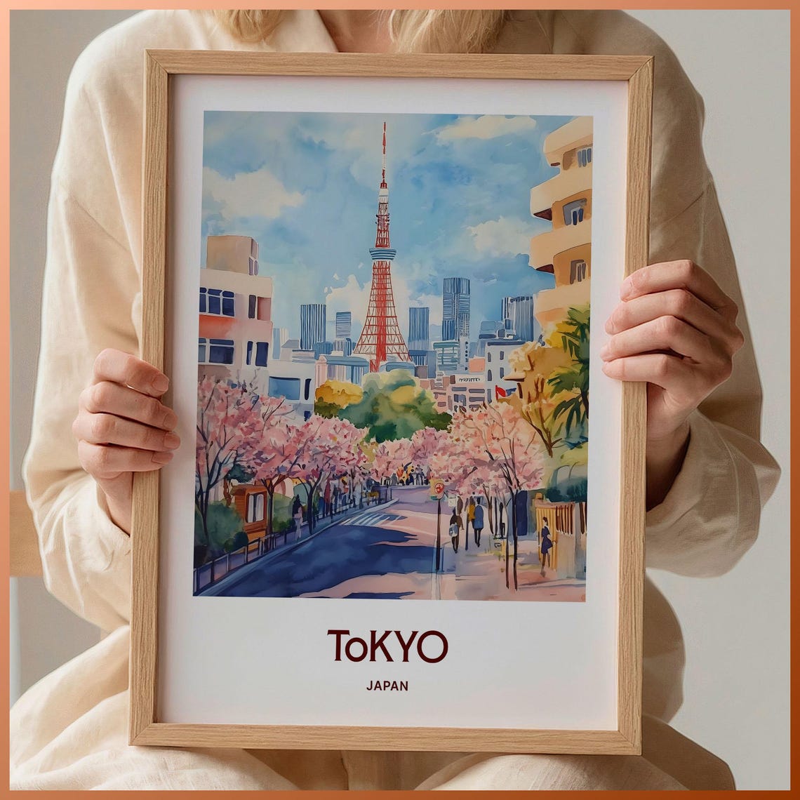 Tokyo Japan Pastel Landmark Tower Cherry Blossom Scene Poster