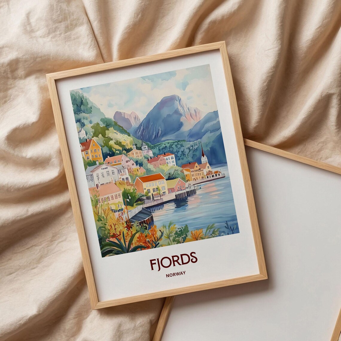 Fjords Norway Pastel Fjord Village Church Mountain Scene Poster - Image 3