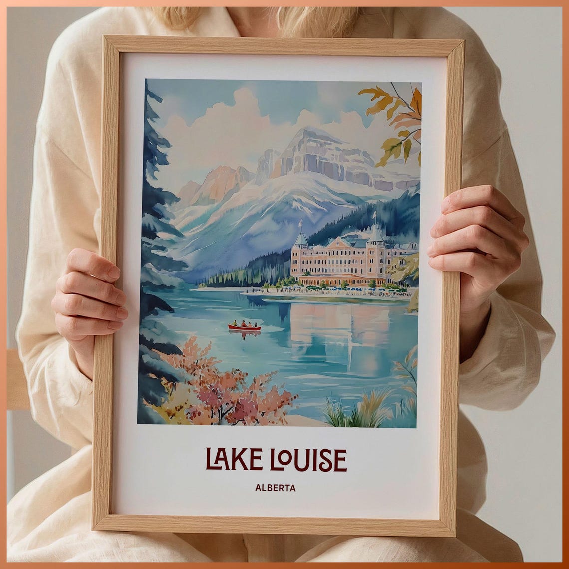 Lake Louise Alberta Canoe Mountain Lake Watercolor Art Poster