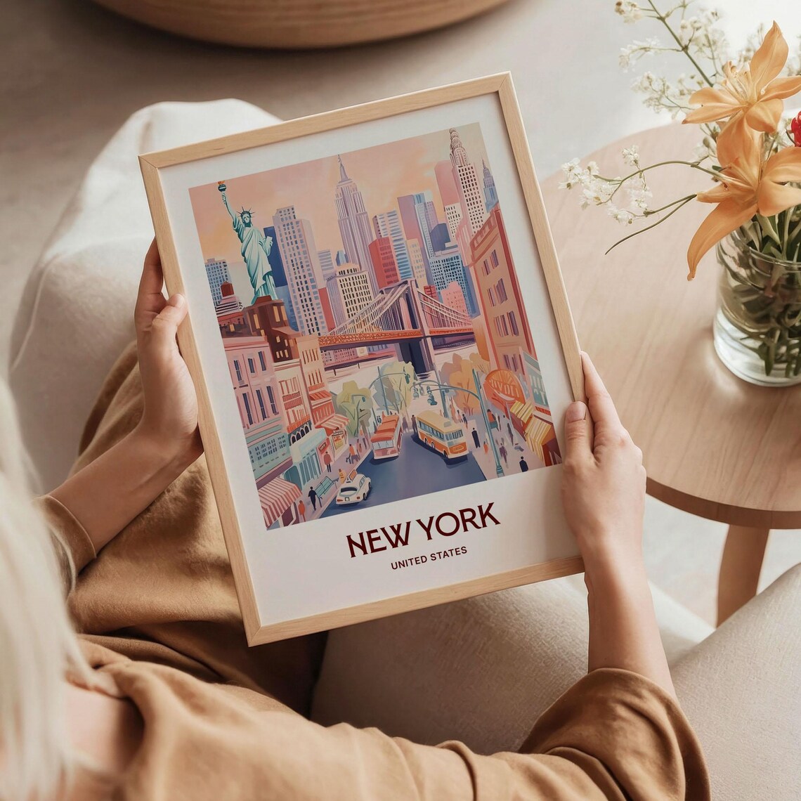 New York Skyline Brooklyn Bridge Buses Manhattan Watercolor Travel Poster - Image 5