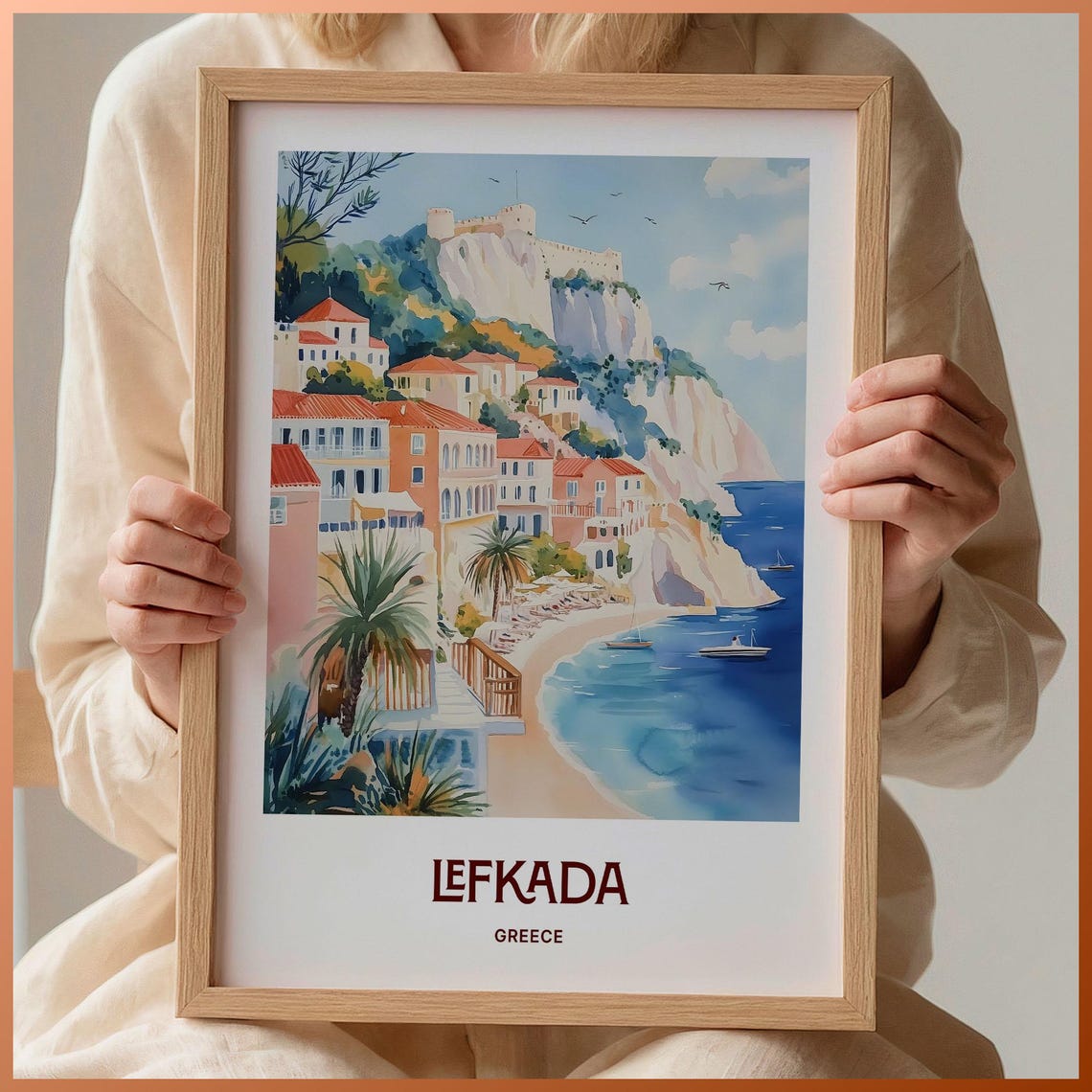 Lefkada Greece Cliffside Village Beach Watercolor Travel Poster