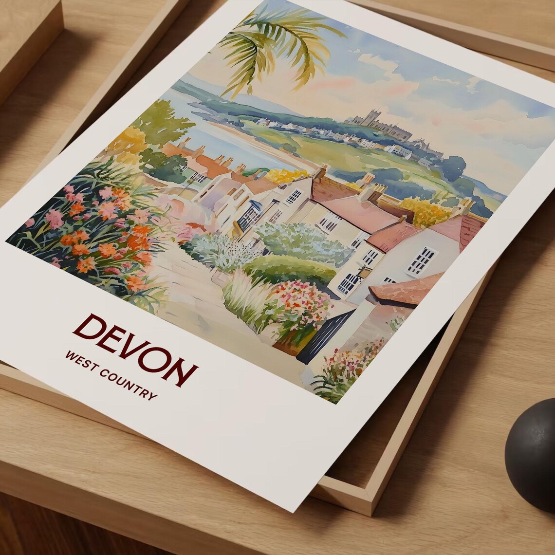 Devon West Country Coastal Town Abbey Hill Watercolor Travel Poster - Image 2