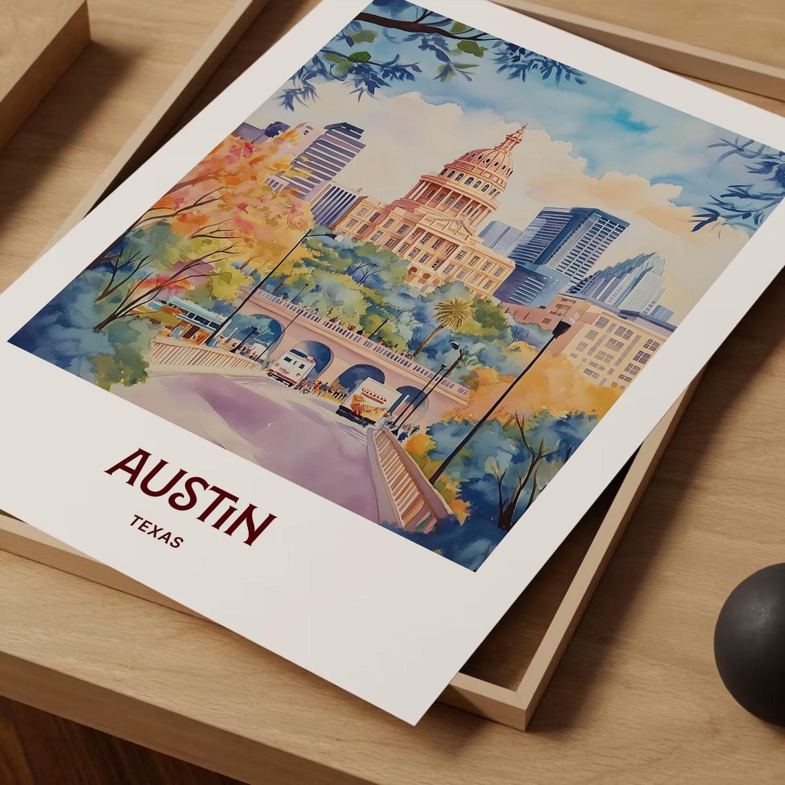 Austin Texas Capitol River Bridge Watercolor Cityscape Poster - Image 2