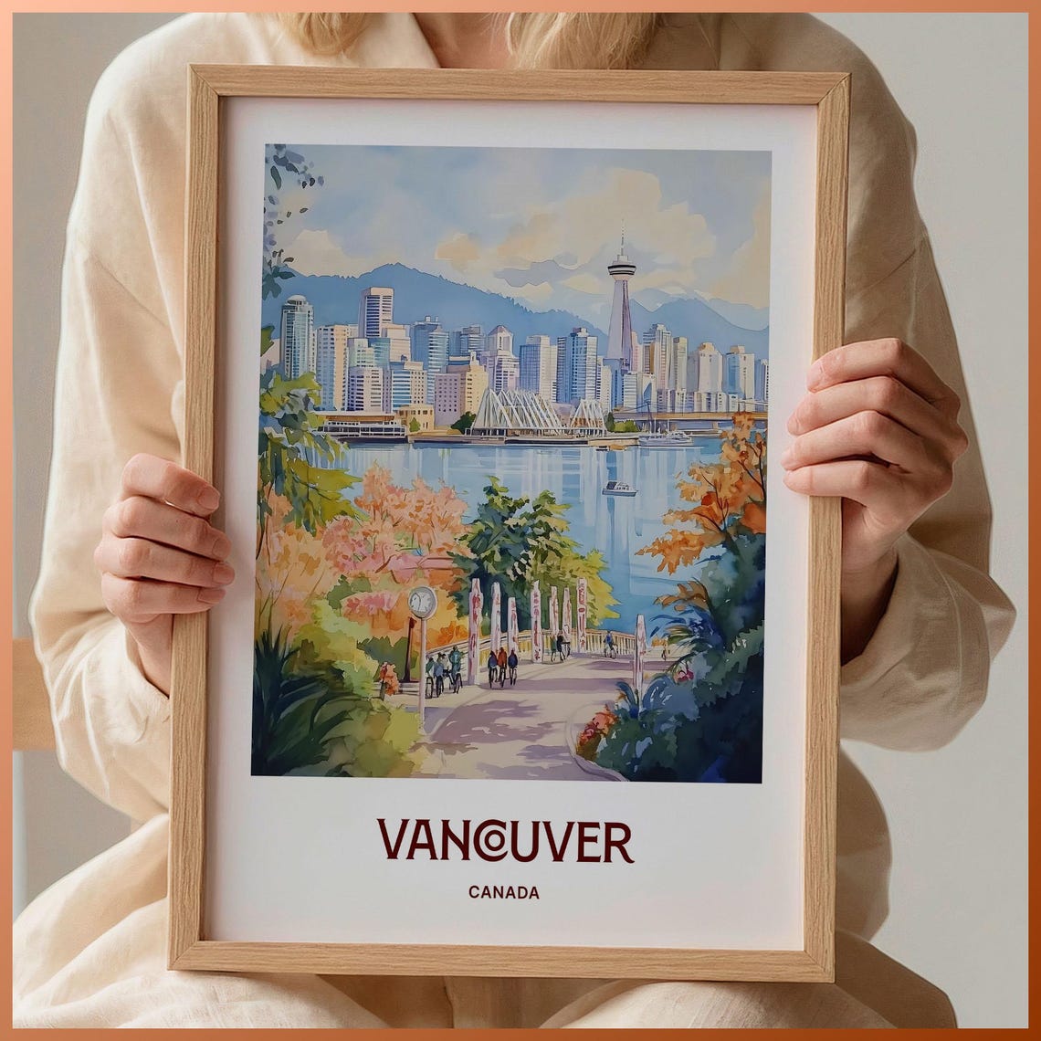 Vancouver Canada Skyline Tower Harbor Watercolor Travel Poster