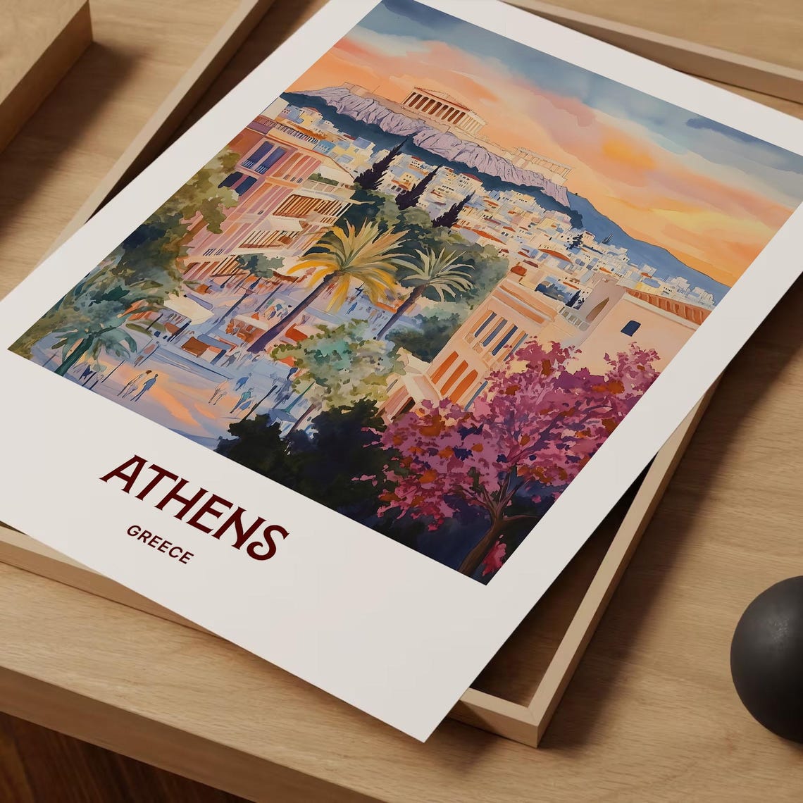 Athens Greece Sunset Acropolis Cityscape Watercolor Travel Poster - Image 2