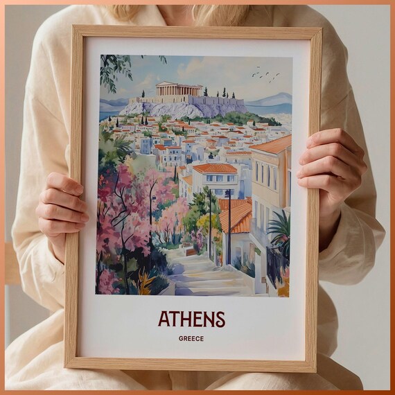 Athens Greece Pastel Acropolis Cityscape Watercolor Travel Poster