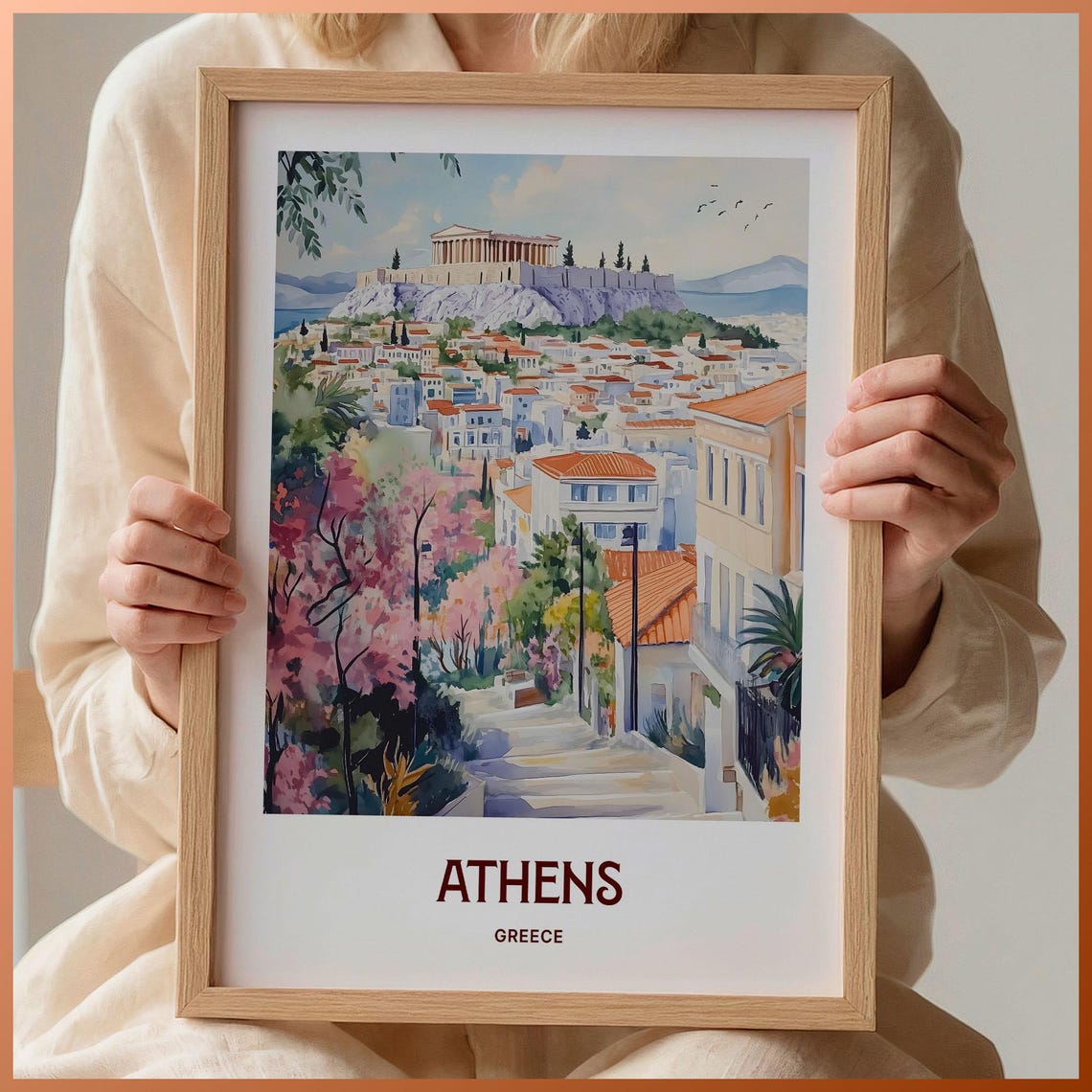 Athens Greece Pastel Acropolis Cityscape Watercolor Travel Poster