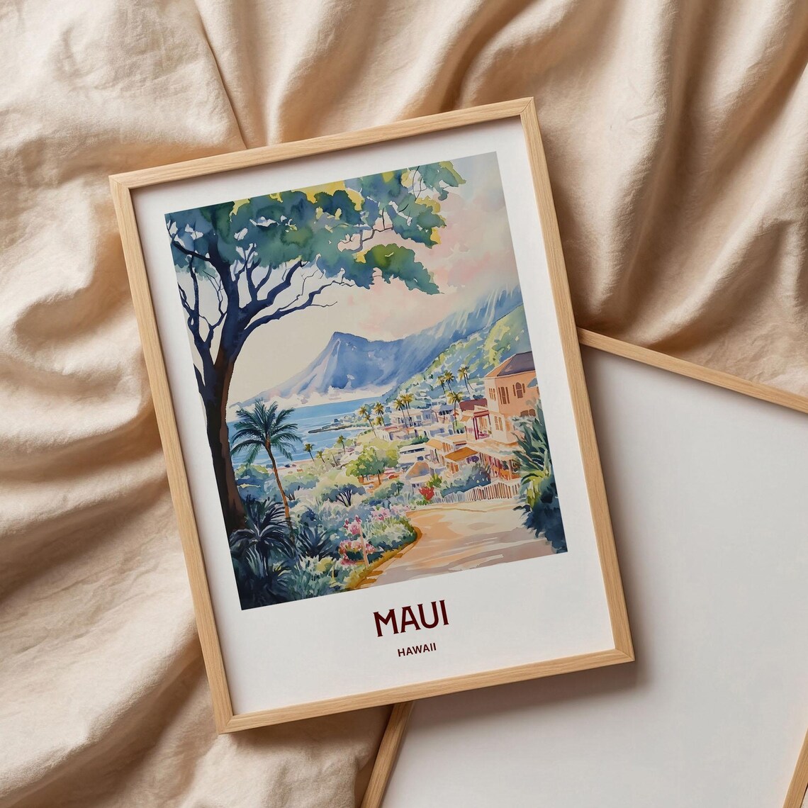 Maui Hawaii Coastal Town Mountain Palms Watercolor Travel Poster - Image 3