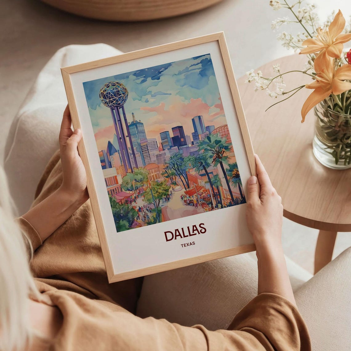 Dallas Texas Downtown Skyline Reunion Tower Watercolor City Poster - Image 5