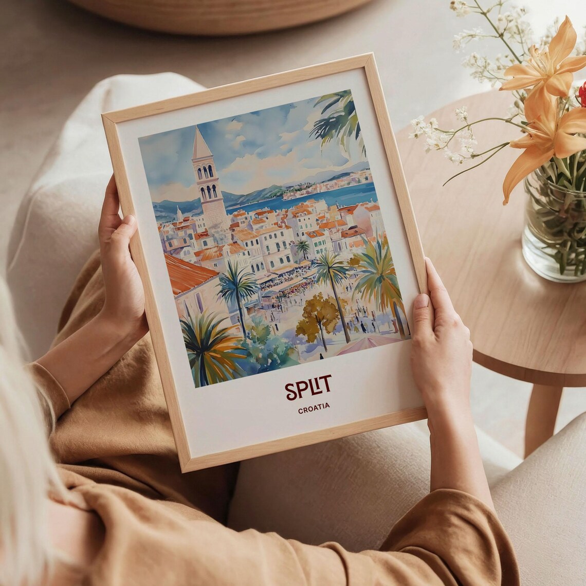 Split Croatia Bell Tower Riva Palm Promenade Watercolor Poster - Image 5