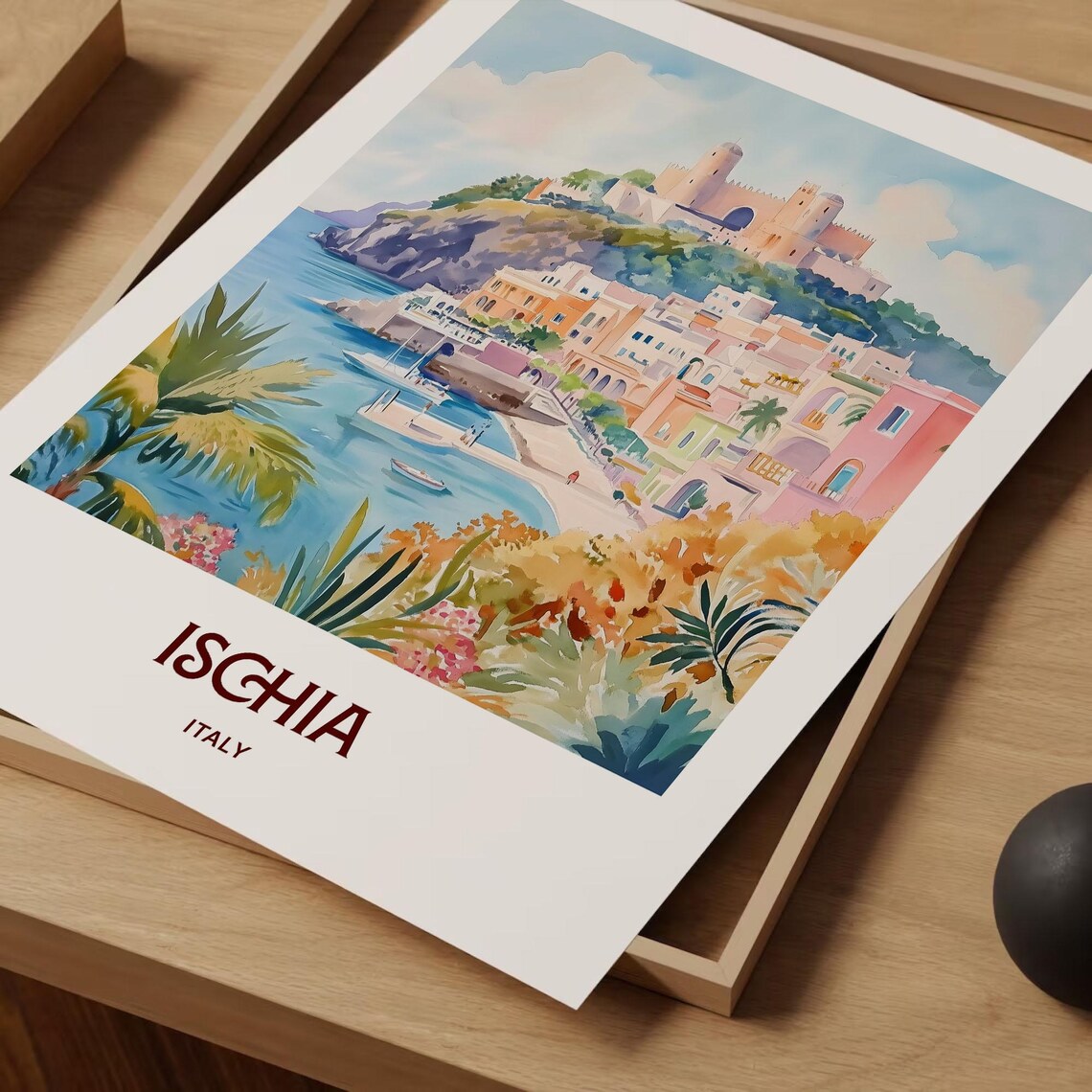 Ischia Italy Watercolor Aragonese Castle Cliff Harbor Pastel Town Poster - Image 2