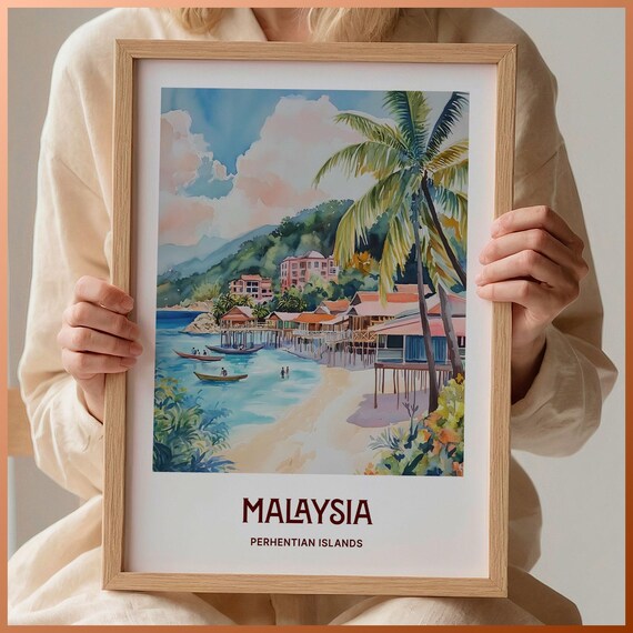 Perhentian Islands Malaysia Beach Huts Watercolor Tropical Travel Poster