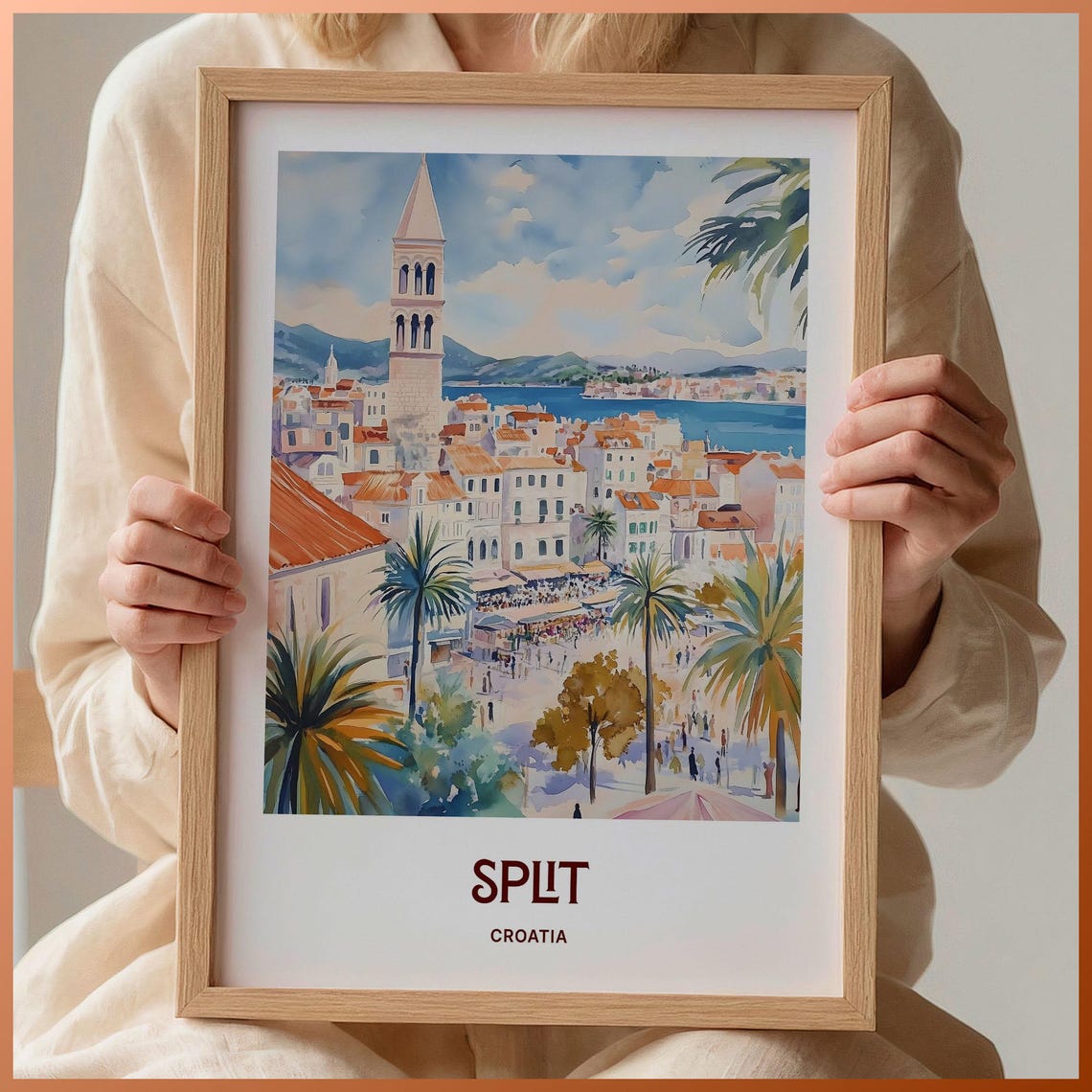 Split Croatia Bell Tower Riva Palm Promenade Watercolor Poster
