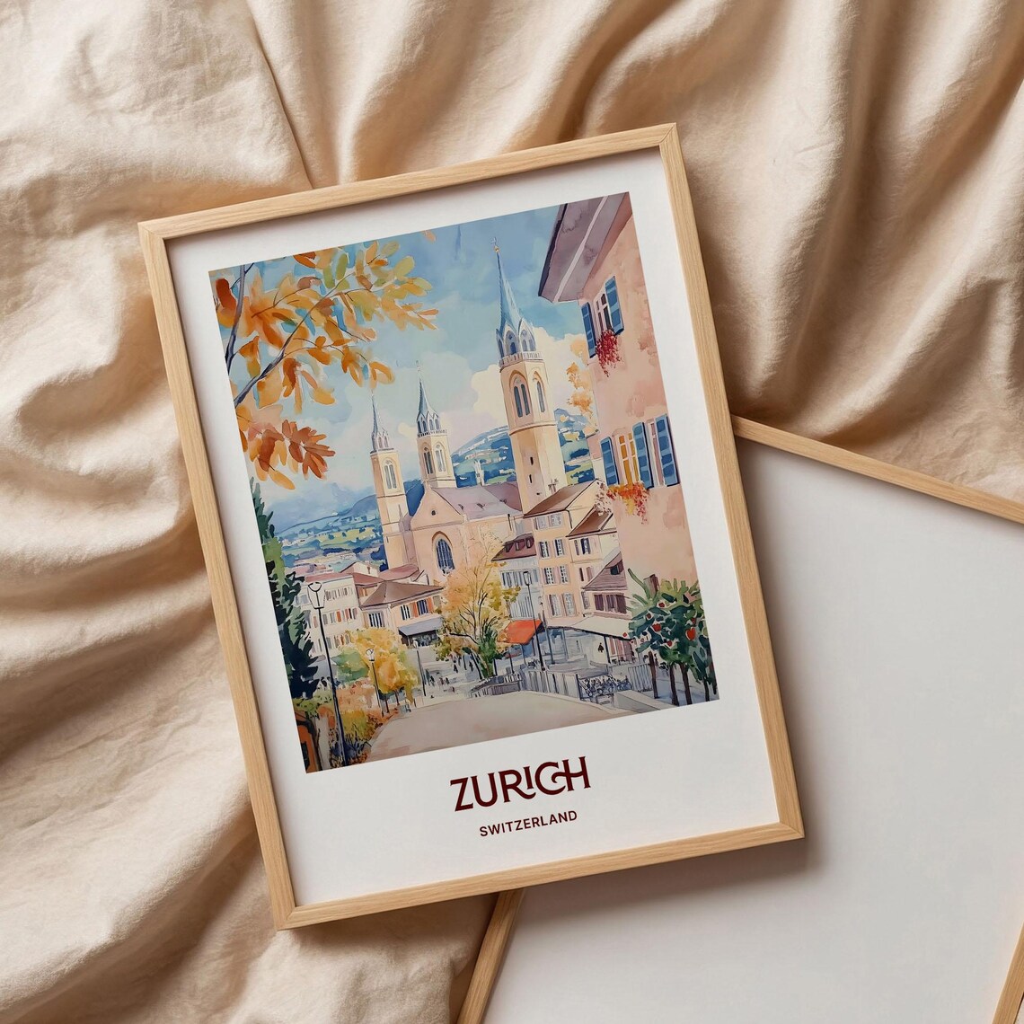 Zurich Switzerland Old Town Watercolor Poster Autumn Cityscape - Image 3