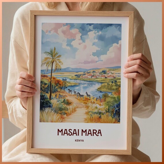 Masai Mara Kenya Savanna Zebras Watercolor Safari Wildlife Travel Poster