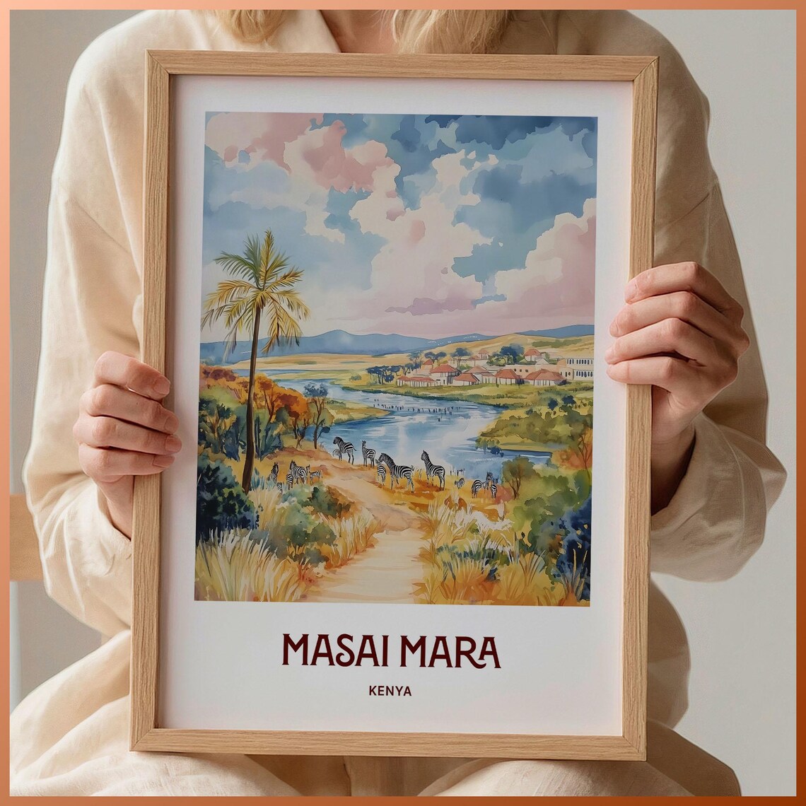 Masai Mara Kenya Savanna Zebras Watercolor Safari Wildlife Travel Poster