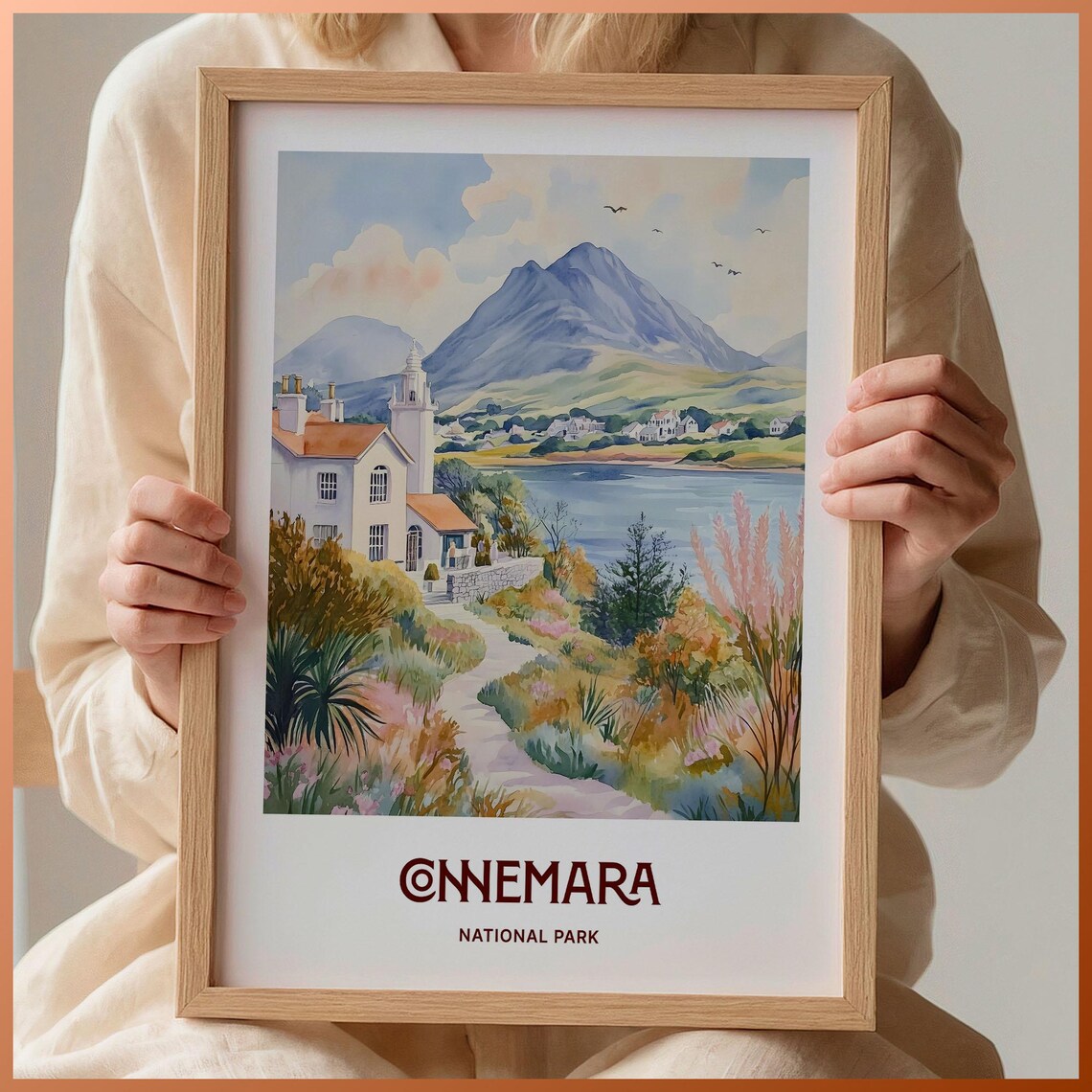 Connemara National Park Ireland Mountain Lake Watercolor Travel Poster