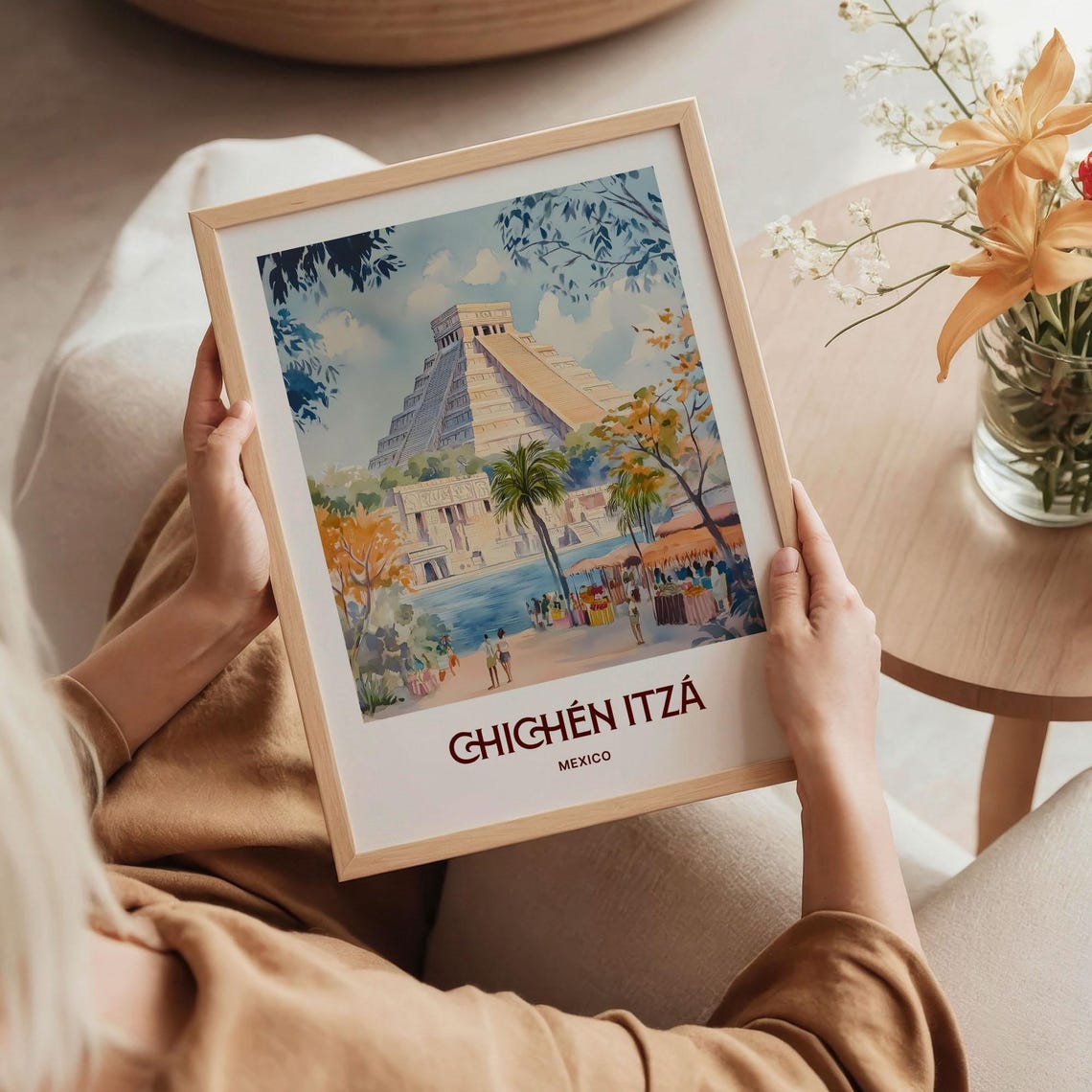 Chichen Itza Mexico Mayan Pyramid El Castillo Watercolor Travel Poster - Image 5