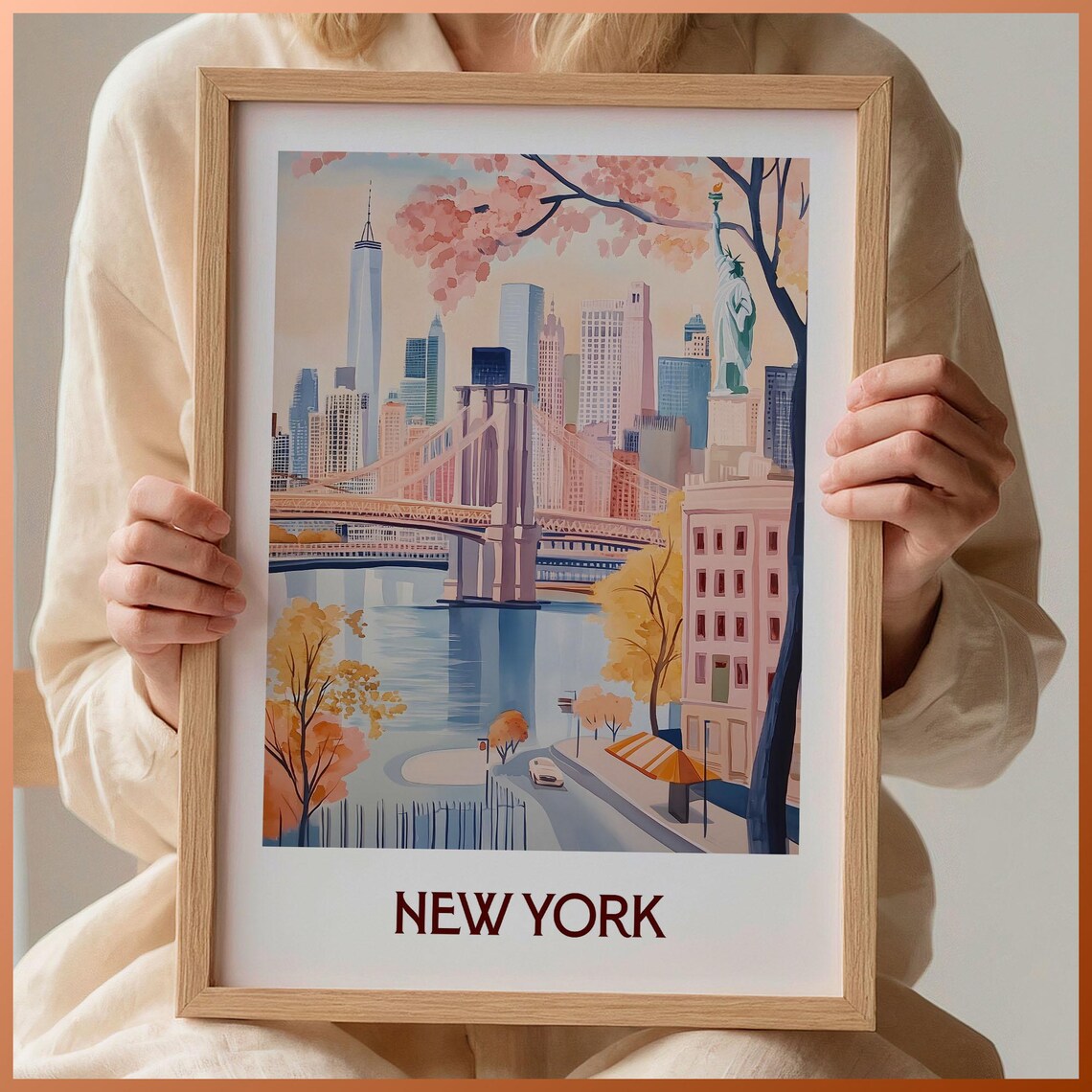 New York Brooklyn Bridge Statue Of Liberty Blossom Watercolor Travel Poster