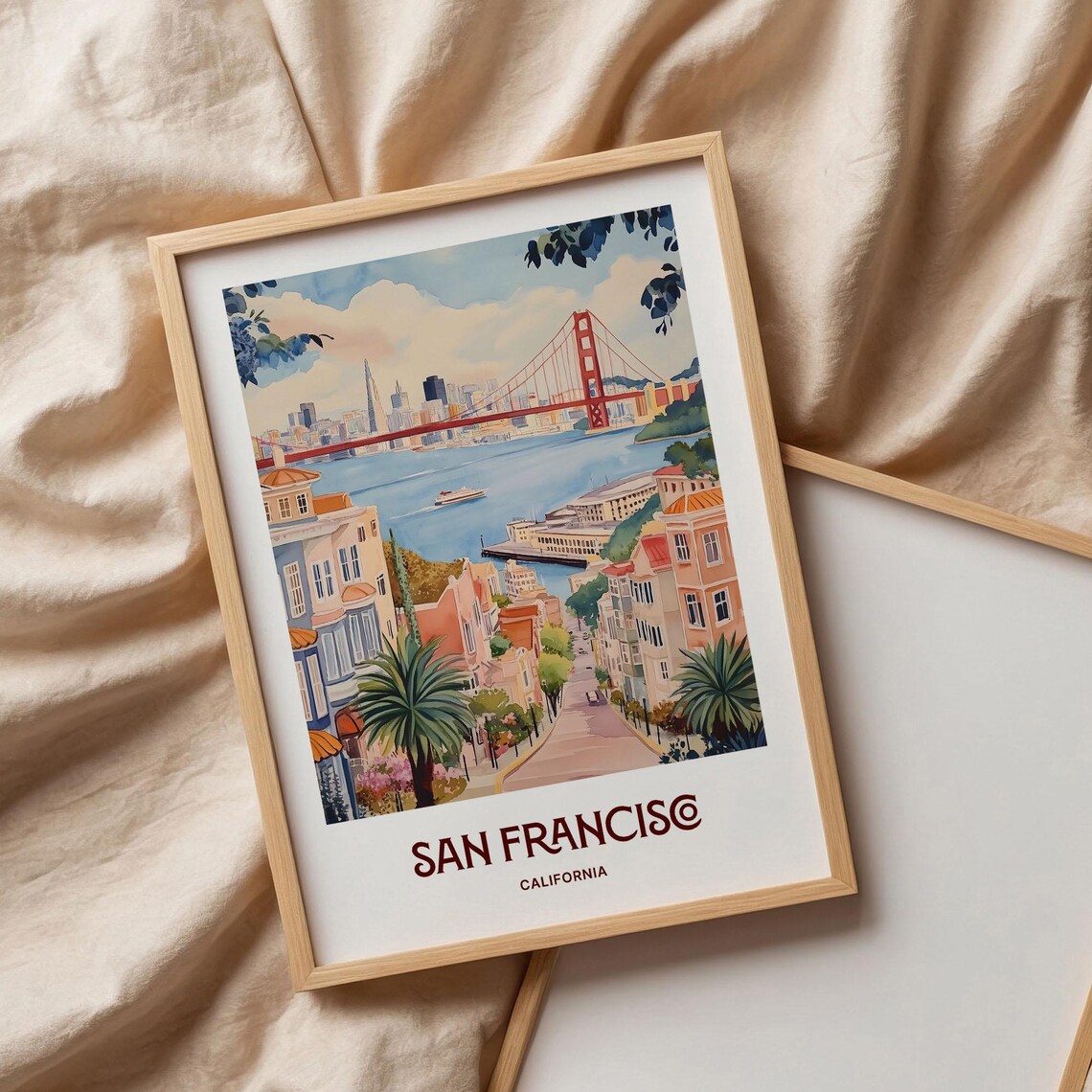 San Francisco Golden Gate Bridge Hills Watercolor Travel Poster - Image 3