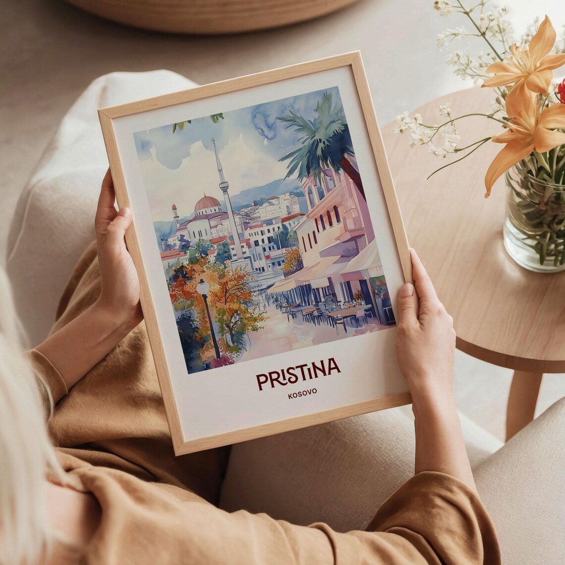Pristina Kosovo Mosque Minaret Cafe Street Watercolor Travel Poster - Image 5