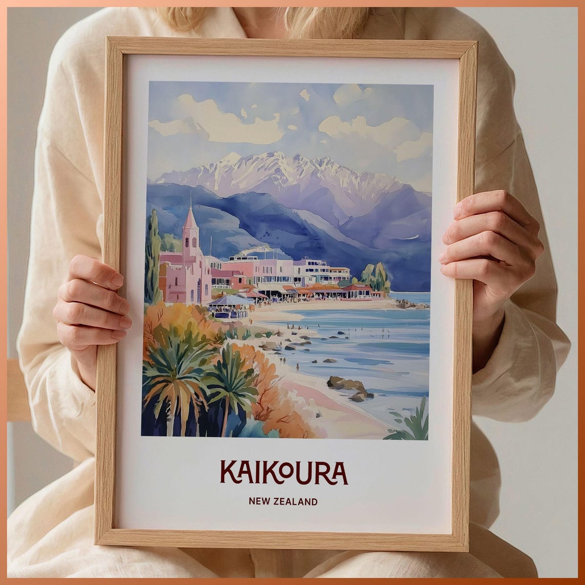 Kaikoura Travel Print Minimalist Wall Art New Zealand Decor Pastel Cityscape Art Gift For Art Lovers Retro Travel Poster C35 624