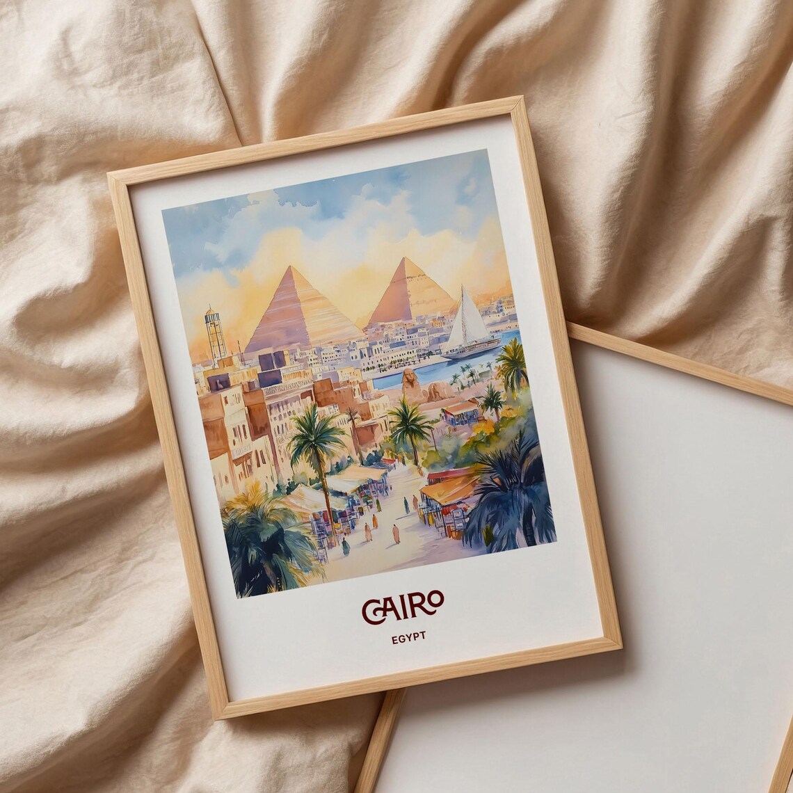 Cairo Egypt Pyramids Nile Felucca Market Watercolor Travel Poster - Image 3